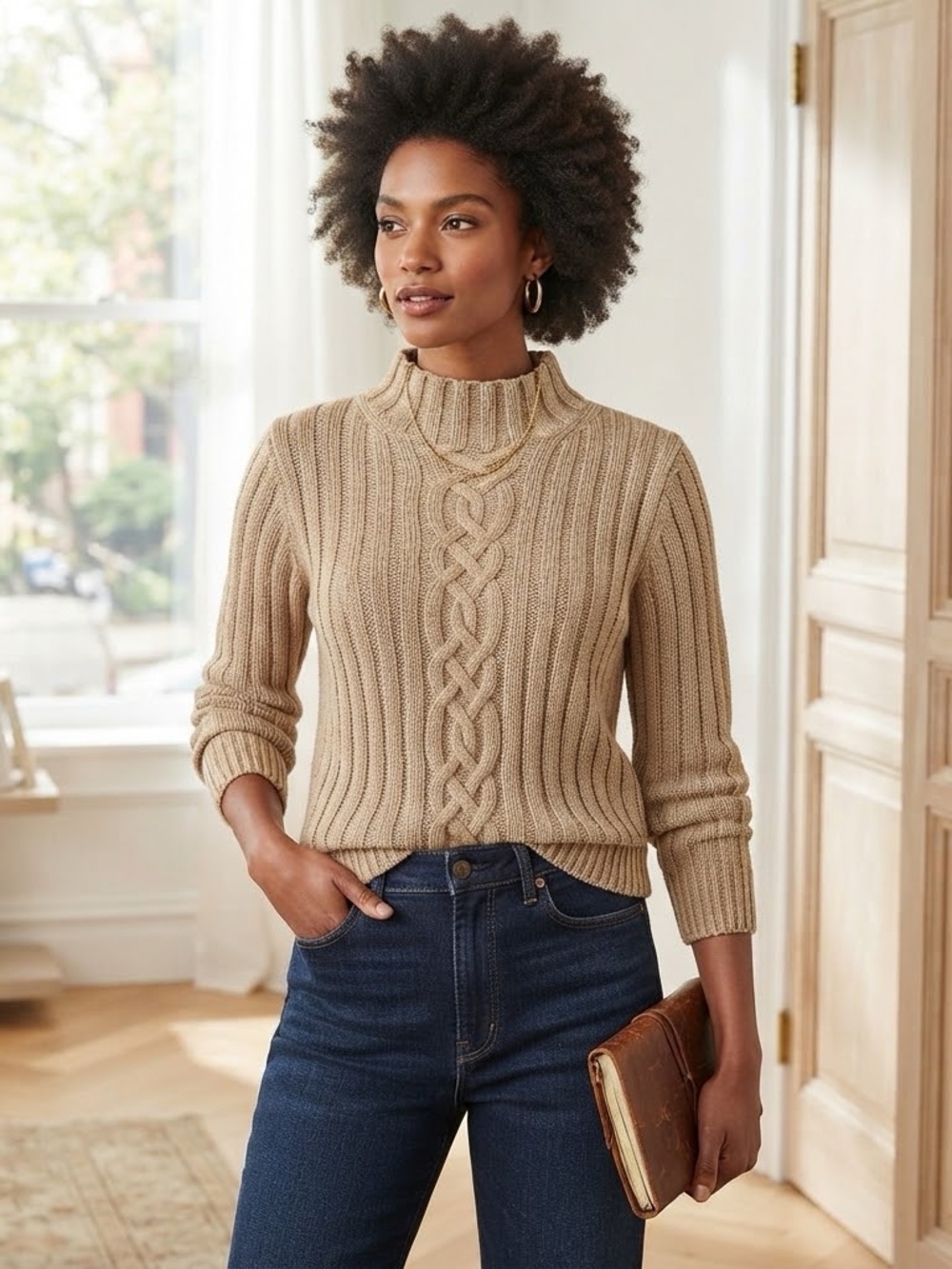 L.L. Bean 100% Cotton Cable Knit Mock Neck Sweater Size Medium Beige cottagecore